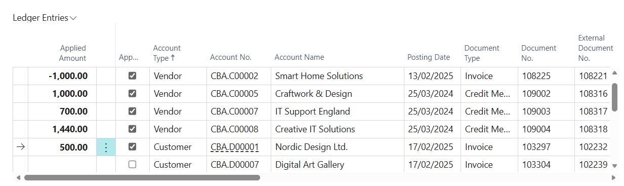 Payment application proposals ledger entries