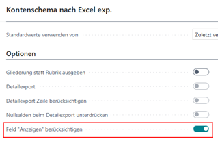 Feld "Anzeigen" im Kontenschema Excel Export