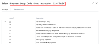 Payment types instruction key