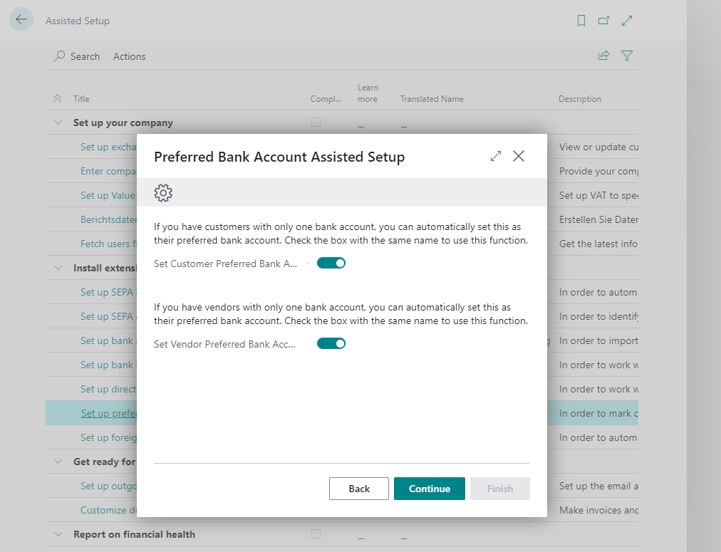 Setup wizard for setting the "Preferred bank accounts" Customers/Vendors